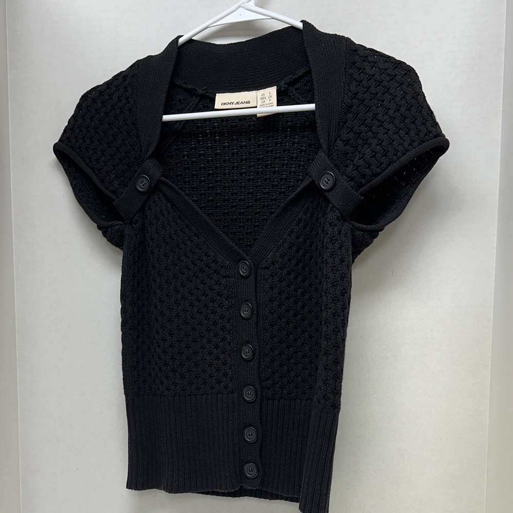 DKNY jeans black short sleeve button up sweater size small